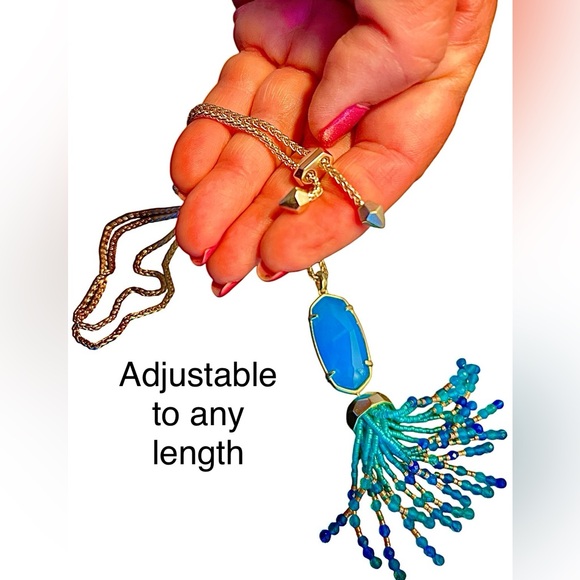 Kendra Scott NWOT Eva Teal Agate Long Long Pendant Necklace Adj Length Chain - Picture 2 of 11